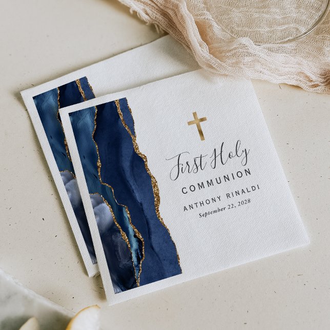 Serviette En Papier Première Sainte Communion Bleu Nuit Agate Dorée (Créateur téléchargé)