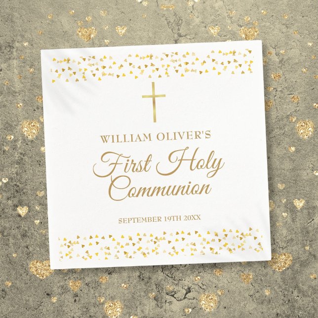 Serviette En Papier Première Sainte Communion Cœurs Dorés Modernes  (First Holy Communion Modern Gold Hearts Napkins)