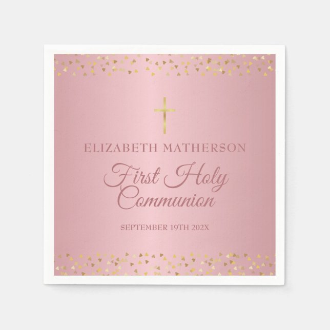 Serviette En Papier Première Sainte Communion Cœurs Or Rose (Devant)
