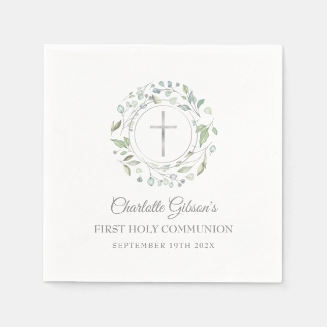 Serviette En Papier Première Sainte Communion Croix d'Argent Feuillage (Devant)