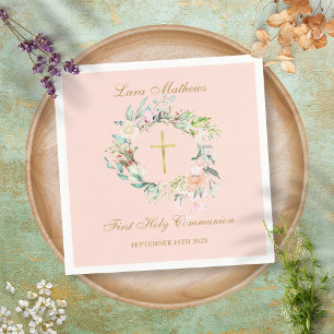 Serviette En Papier Première Sainte Communion Croix d'Or Florale Rose