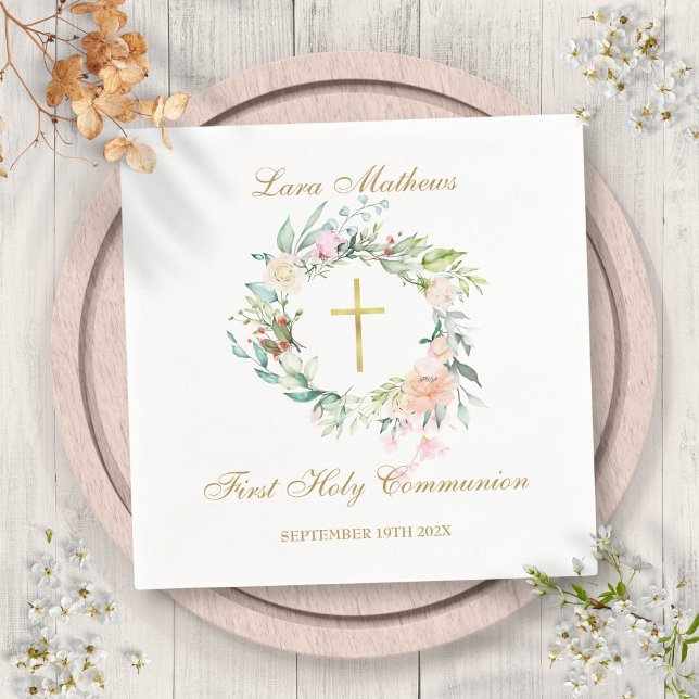 Serviette En Papier Première Sainte Communion Croix d'or Guirlande de  (First Holy Communion Gold Cross Floral Garland Napkins)