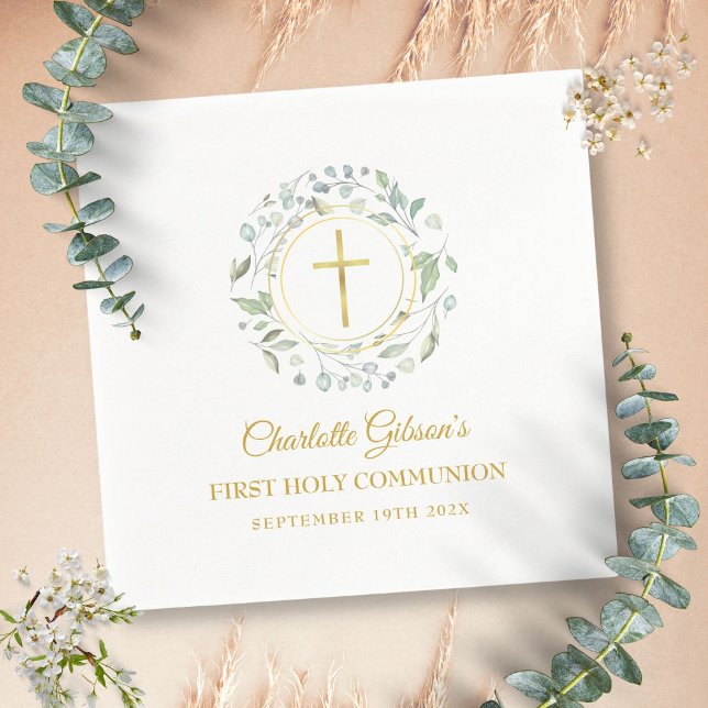 Serviette En Papier Première Sainte Communion Croix d'or Verdure (First Holy Communion Gold Cross Greenery Napkins)