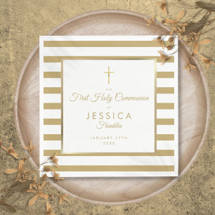 Serviette En Papier Première Sainte Communion croix dorée rayée
