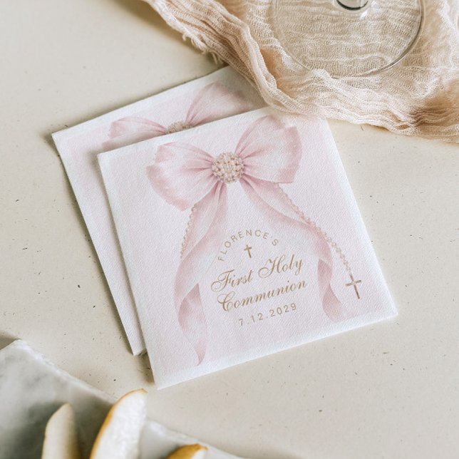 Serviette En Papier Première Sainte Communion Croix Dorée Ruban Rose (Créateur téléchargé)