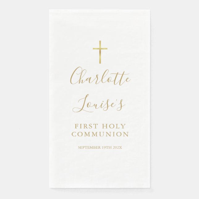 Serviette En Papier Première Sainte Communion Écriture Dorée Élégante (Devant)