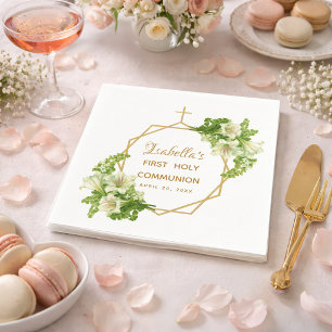 Serviette En Papier Première Sainte Communion Fleurs Lys Croix Dorée