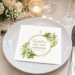 Serviette En Papier Première Sainte Communion Fleurs Lys Croix Dorée