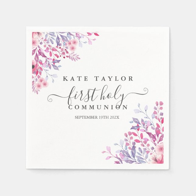 Serviette En Papier Première Sainte Communion Fleurs sauvages lavande  (Devant)