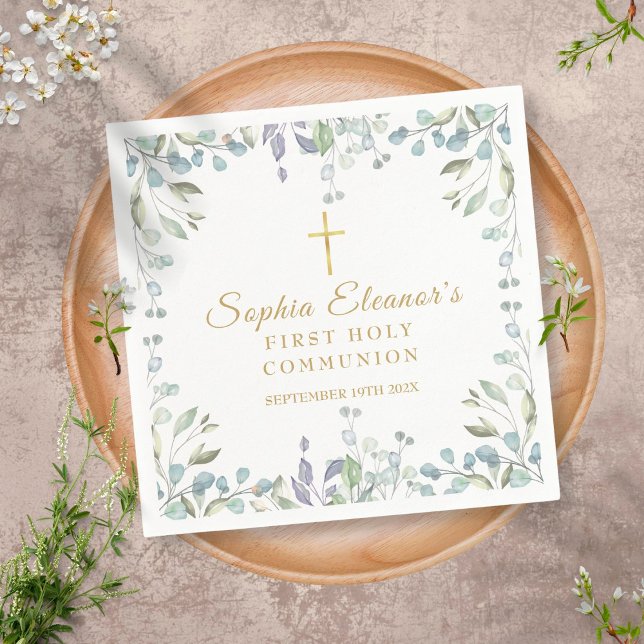Serviette En Papier Première Sainte Communion florale à l'aquarelle (Créateur téléchargé)