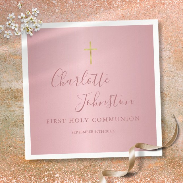 Serviette En Papier Première Sainte Communion moderne Rose rose or (First Holy Communion Modern Rose Gold Pink Napkins)