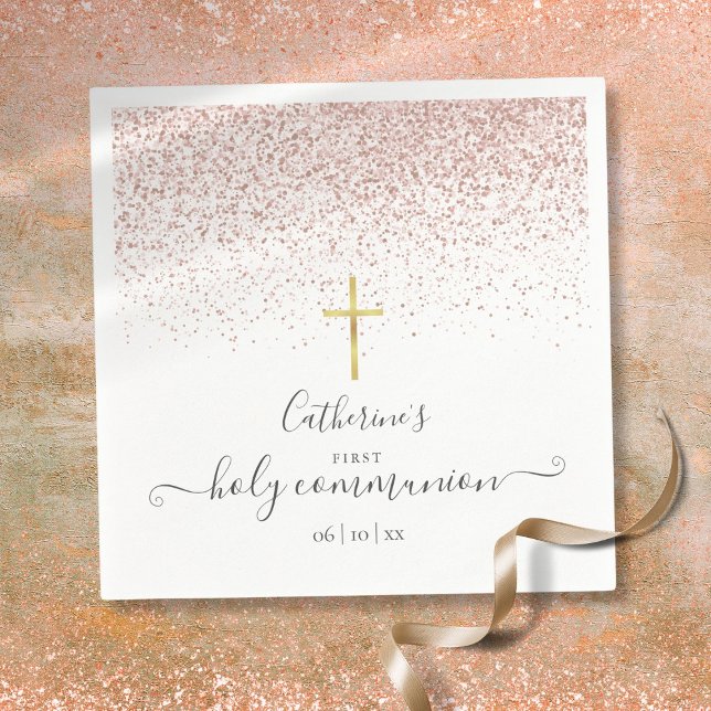 Serviette En Papier Première Sainte Communion Pailletée Or Rose Modern (Modern Rose Gold Glitter First Holy Communion Napkins)
