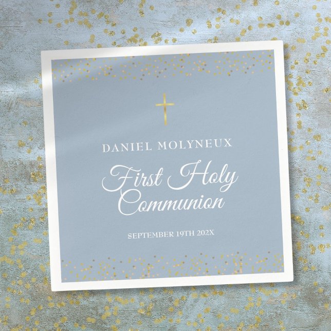 Serviette En Papier Première Sainte Communion Poussière Bleue Or (First Holy Communion Dusty Blue Gold Dust Napkins)