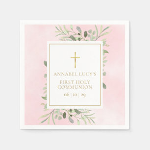 Serviette En Papier Première Sainte Communion Rose au style Aquarelle