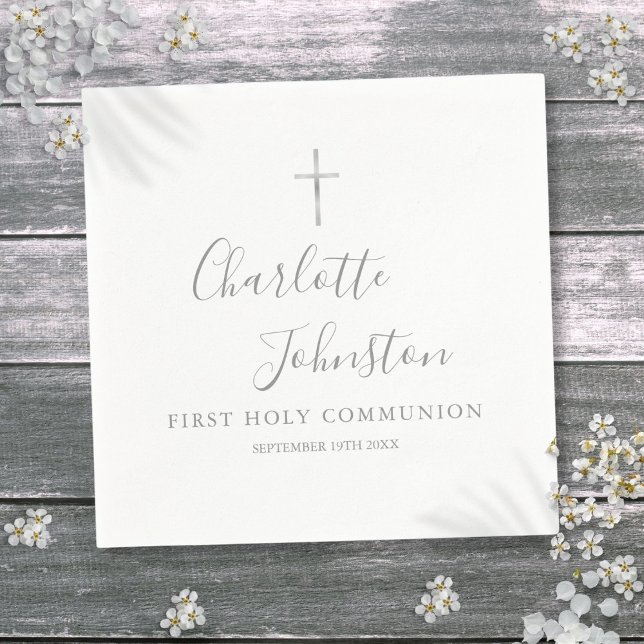 Serviette En Papier Première Sainte Communion Signature Argent Moderne (First Holy Communion Modern Silver Signature Napkins)