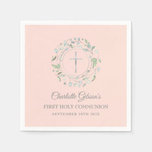 Serviette En Papier Première Sainte Communion Verdure Peau Rose Argent