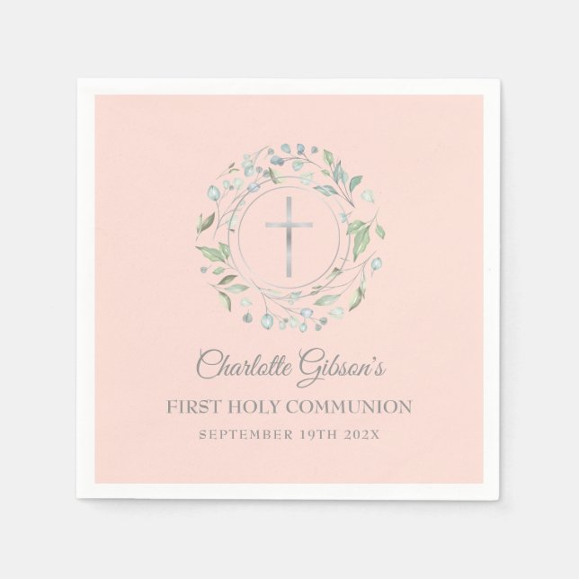 Serviette En Papier Première Sainte Communion Verdure Rose Pâle Argent (Devant)