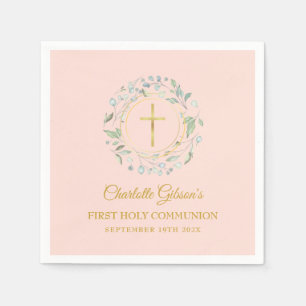 Serviette En Papier Première Sainte Communion Verdure Rose Pâle Or
