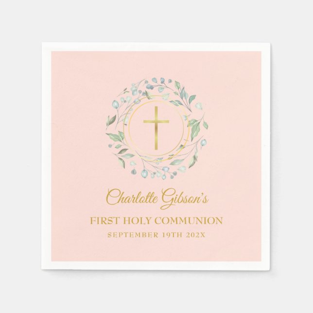 Serviette En Papier Première Sainte Communion Verdure Rose Pâle Or (Devant)