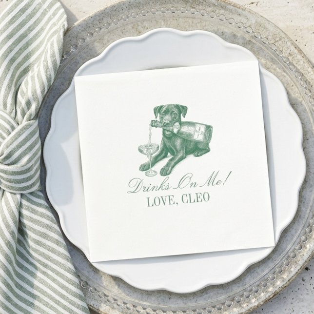 Serviette En Papier Prépa Sage Vert Labrador Champagne Mariage (Preppy Sage Green Labrador Champagne Wedding Napkins)