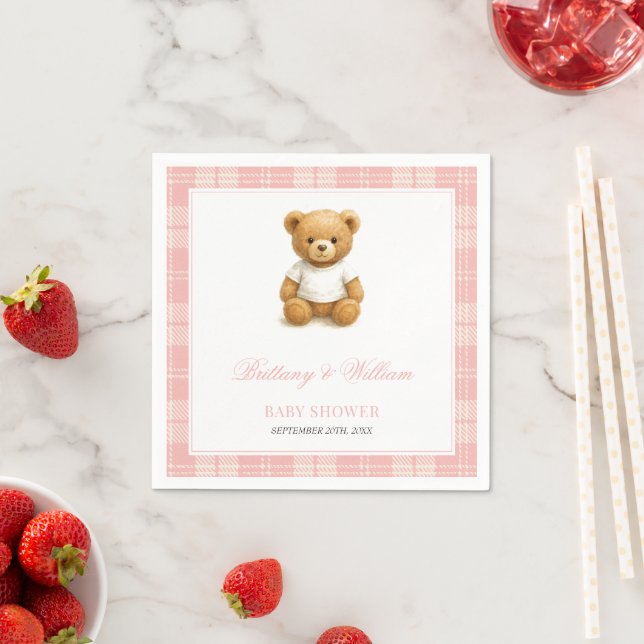 Serviette En Papier Preppy Bear Élégant Baby shower rose (En situation)