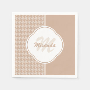 Serviette En Papier Preppy Beige et Tan Houndstooth Monogramme et nom