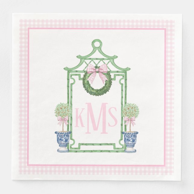 Serviette En Papier Preppy Chinoiserie Pagode de Noël Monogramme (Devant)