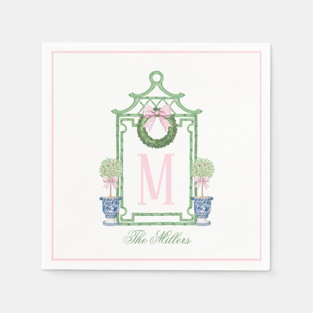 Serviette En Papier Preppy Chinoiserie Pagode de Noël Monogramme (Devant)