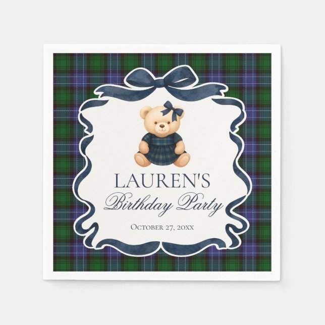 Serviette En Papier Preppy Coquette Bow Bear Tartan Plaid Birthday (Devant)