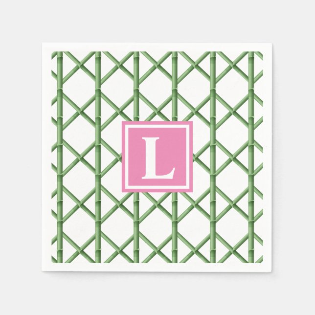 Serviette En Papier Preppy Green Trellis Bamboo Motif Monogramme (Devant)
