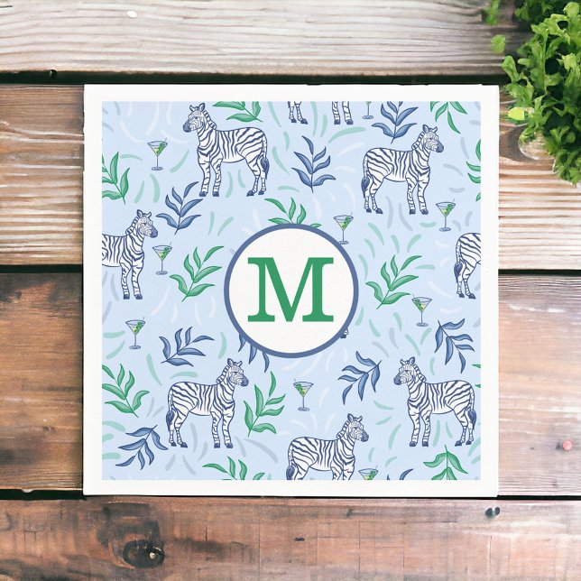 Serviette En Papier Preppy Navy Zebra Martinis Blue Monogram (Créateur téléchargé)