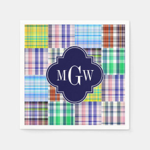 Serviette En Papier Preppy Patchwork Madras Navy Quatrefoil Monogramme