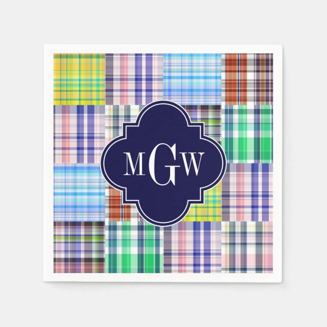 Serviette En Papier Preppy Patchwork Madras Navy Quatrefoil Monogramme (Devant)