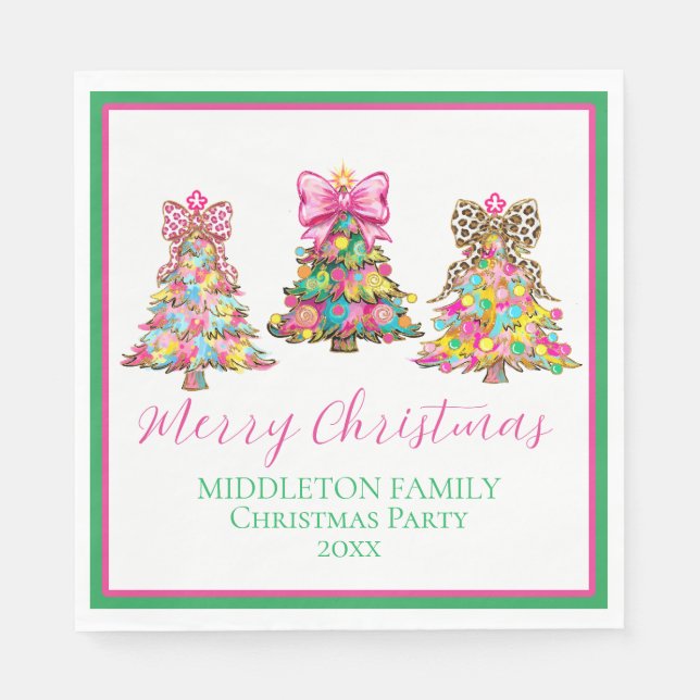 Serviette En Papier Preppy Pink and Green Christmas Trees (Devant)