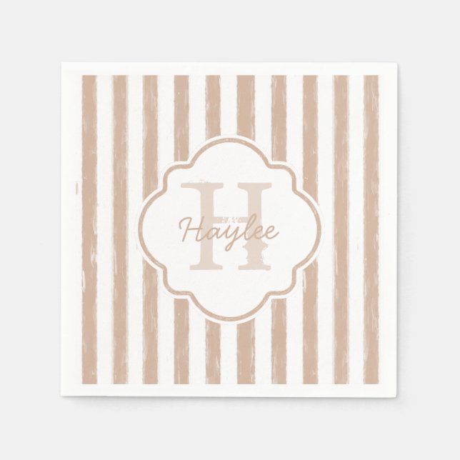 Serviette En Papier Preppy Tan Peint Stripes Monogramme et nom (Devant)