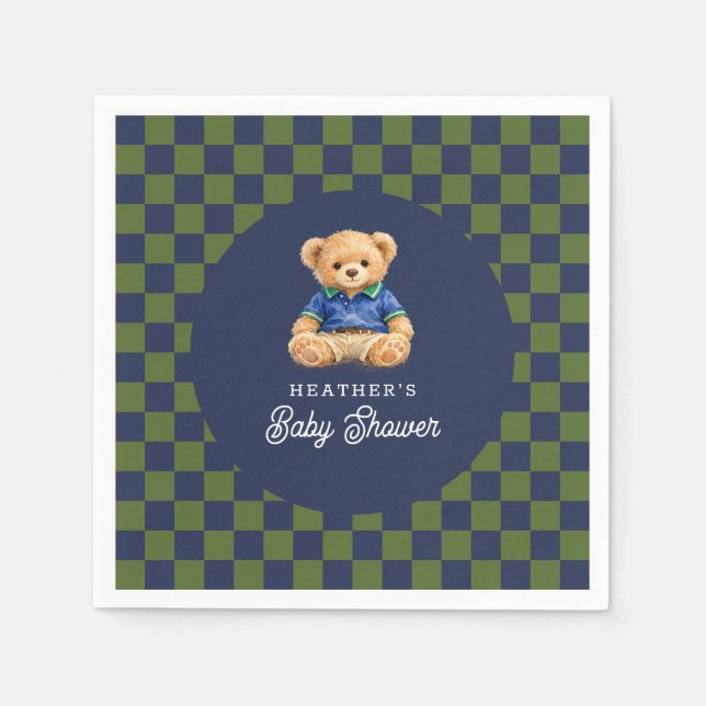 Serviette En Papier Preppy Teddy Bear Checkboard Baby Shower (Devant)