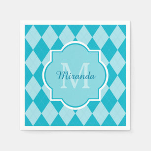 Serviette En Papier Preppy Turquoise Jacquard Girly Monogramme et nom