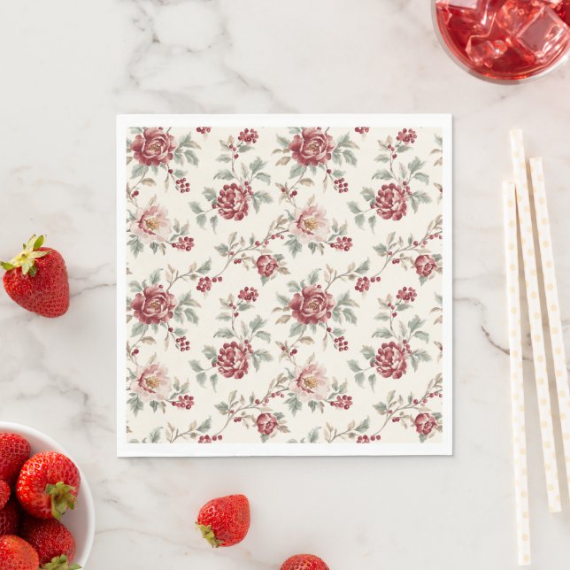 Serviette En Papier Pretty Chic Red Cream Floral Birthday  (En situation)