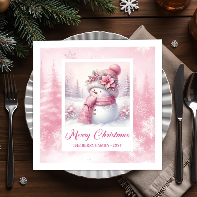 Serviette En Papier Pretty Pink Snowman Christmas Scene Napkins Kids  (Pretty Pink Snowman Christmas Scene Napkins Kids Holiday)