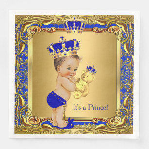 Serviette En Papier Prince Bleu Royal Couronne Dorée Baby Shower Brune