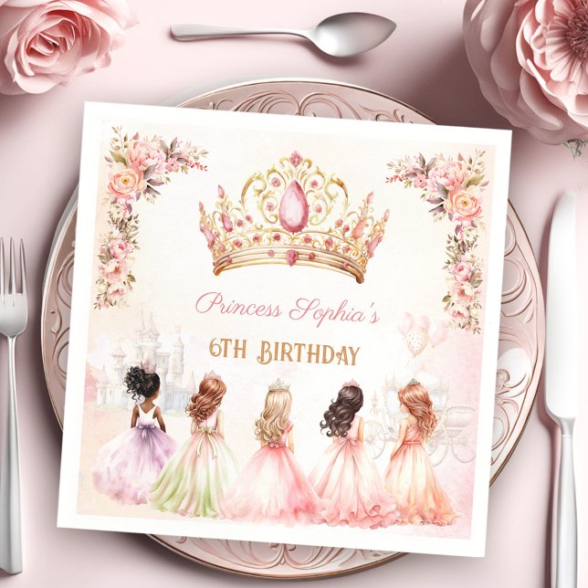 Serviette En Papier Princess Crown Rose or Floral Girl Anniversaire (Princess Crown Pink Gold Floral Girl Birthday Napkins)