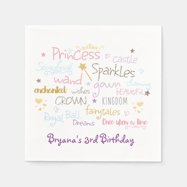 Serviette En Papier PRINCESS PARTY Words mignon Anniversaire serviette (Devant)