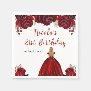 Serviette En Papier Princesse aux Cheveux Blonds Fleurs Rouges Florale