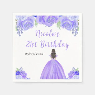 Serviette En Papier Princesse aux Cheveux Bruns Fête d'Anniversaire Fl