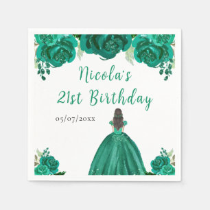 Serviette En Papier Princesse aux Cheveux Bruns Fête d'Anniversaire Fl