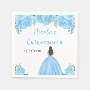 Serviette En Papier Princesse aux Cheveux Bruns Fleur Quinceanera Bleu