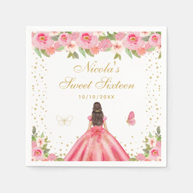 Serviette En Papier Princesse aux Cheveux Bruns Fleur Rose Sweet Seize (Devant)