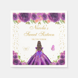 Serviette En Papier Princesse aux Cheveux Bruns Fleur Violette Sweet S