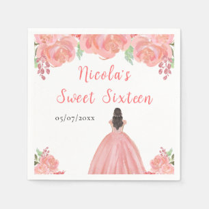 Serviette En Papier Princesse aux Cheveux Bruns Fleurs Florales Roses