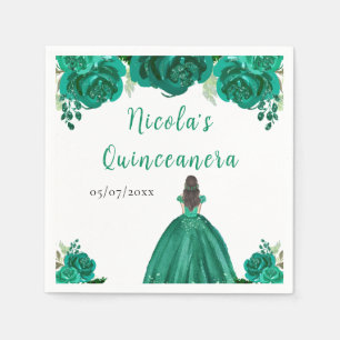 Serviette En Papier Princesse aux Cheveux Bruns Robe Florale Verte Qui
